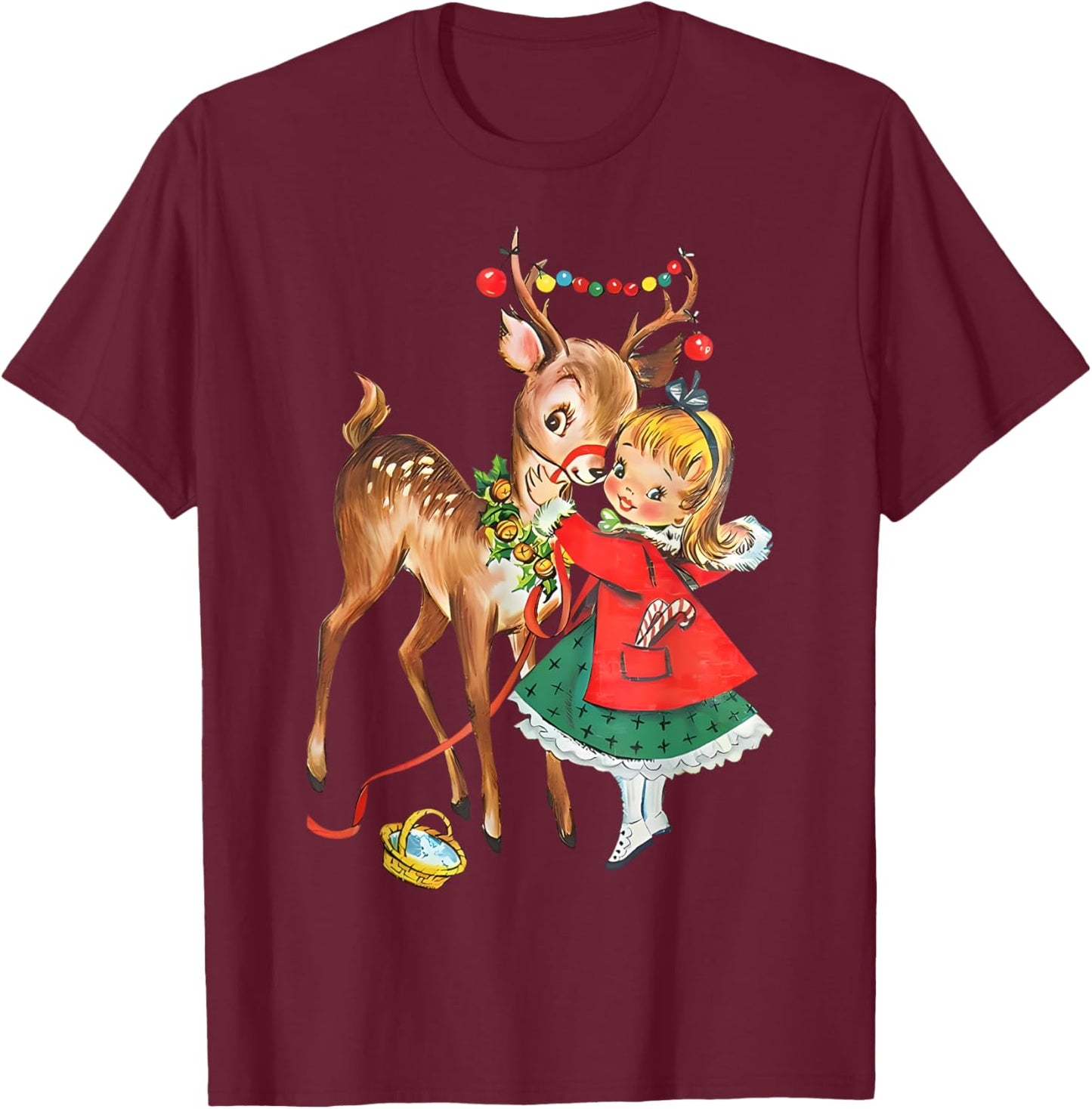 Vintage 1950s Old Fashioned Family Christmas Retro Christmas Reindeer And Girl Mid Century Xmas T-Shirt - T-Shirt | Maroon