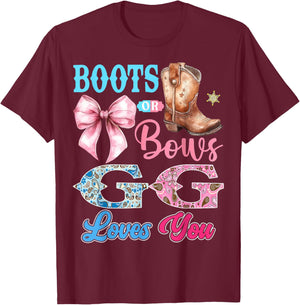 Boots or Bows GG Loves You Gender Reveal Party T-Shirt - T-Shirt | Maroon