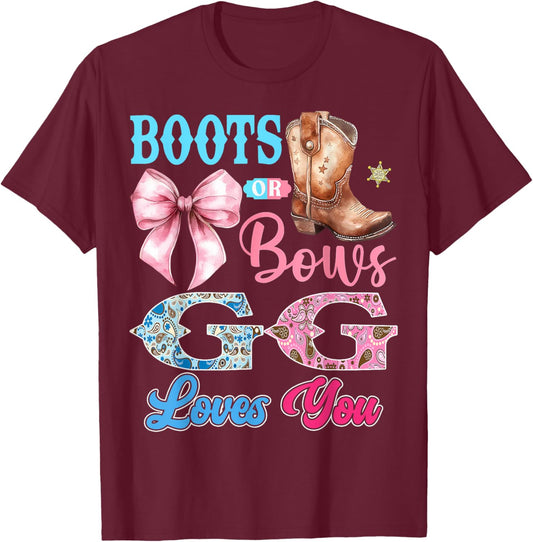 Boots or Bows GG Loves You Gender Reveal Party T-Shirt - T-Shirt | Maroon