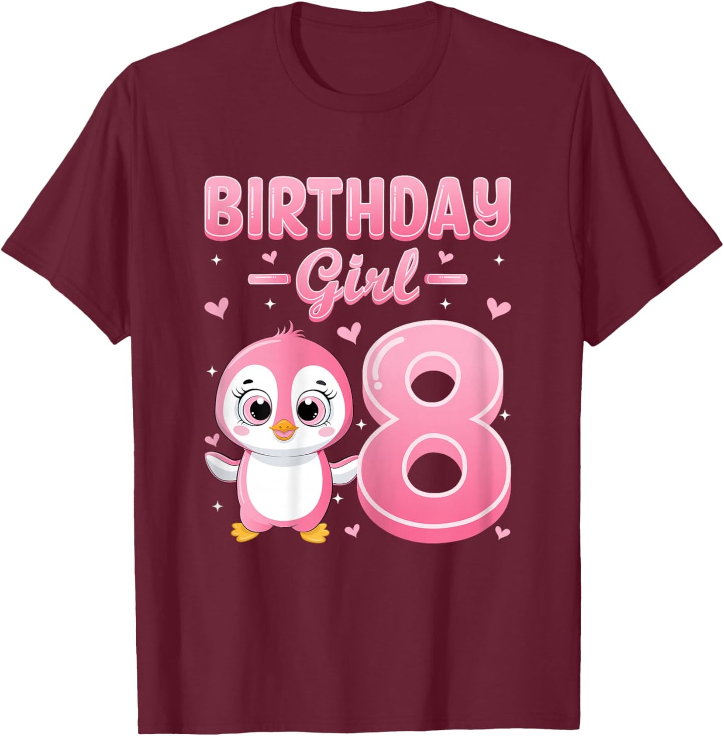 Birthday Girl Cute Penguin 8th Birthday 8 Years Old Girls T-Shirt - T-Shirt | Maroon
