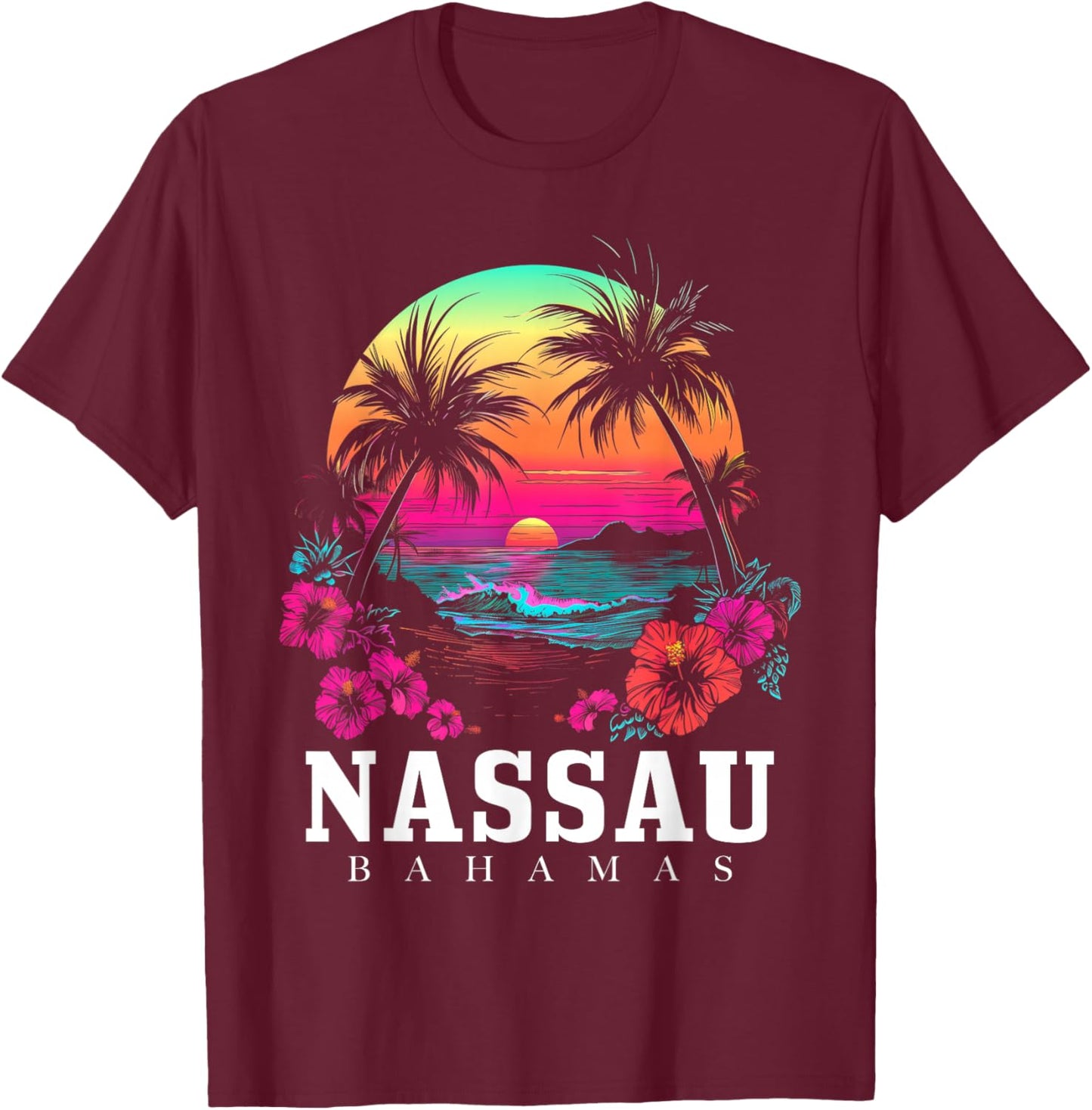 Nassau Bahamas Hibiscus Flowers Beach Surfer Souvenir T-Shirt - T-Shirt | Maroon