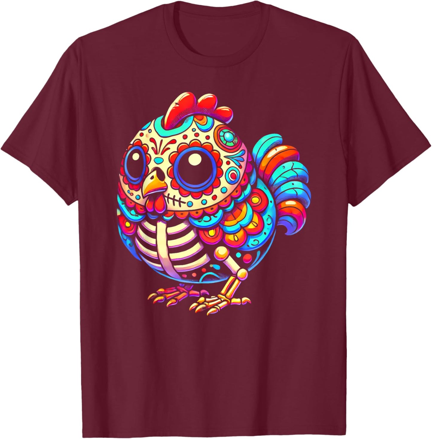 Colorful Sugar Skull Chicken Día de los Muertos Fun Skeleton T-Shirt - T-Shirt | Maroon