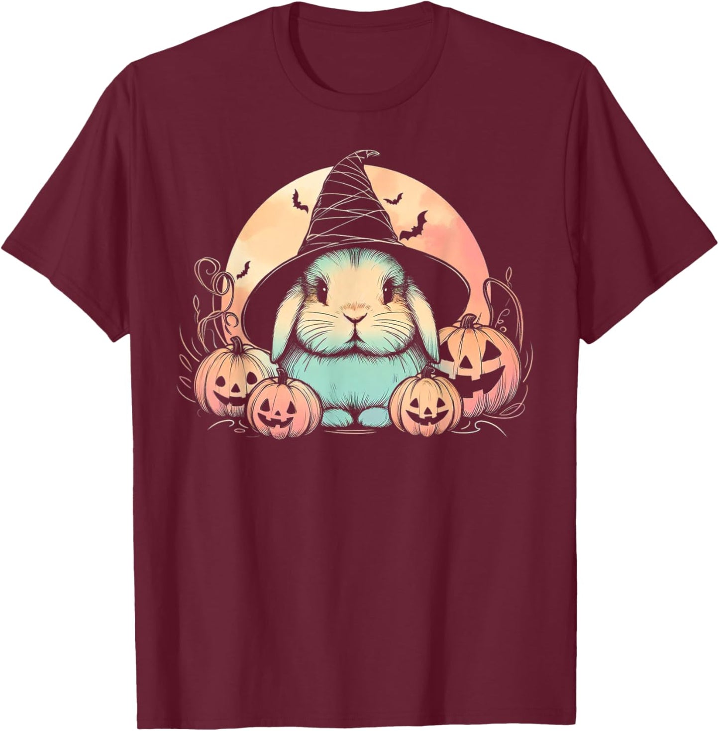 Halloween Witch Rabbit Spooky Holland Lop with Pumpkins Moon T-Shirt - T-Shirt | Maroon