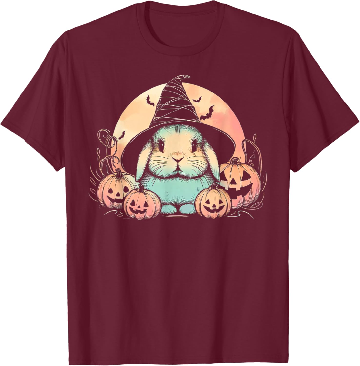 Halloween Witch Rabbit Spooky Holland Lop with Pumpkins Moon T-Shirt - T-Shirt | Maroon