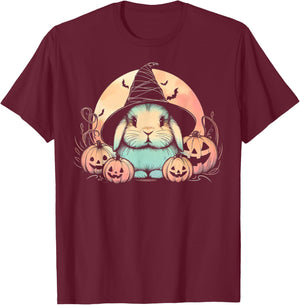 Halloween Witch Rabbit Spooky Holland Lop with Pumpkins Moon T-Shirt - T-Shirt | Maroon