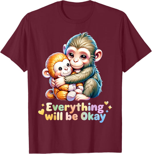Cute Baby Monkey Punch Everything Will Be Okay Punch Meme T-Shirt - T-Shirt | Maroon