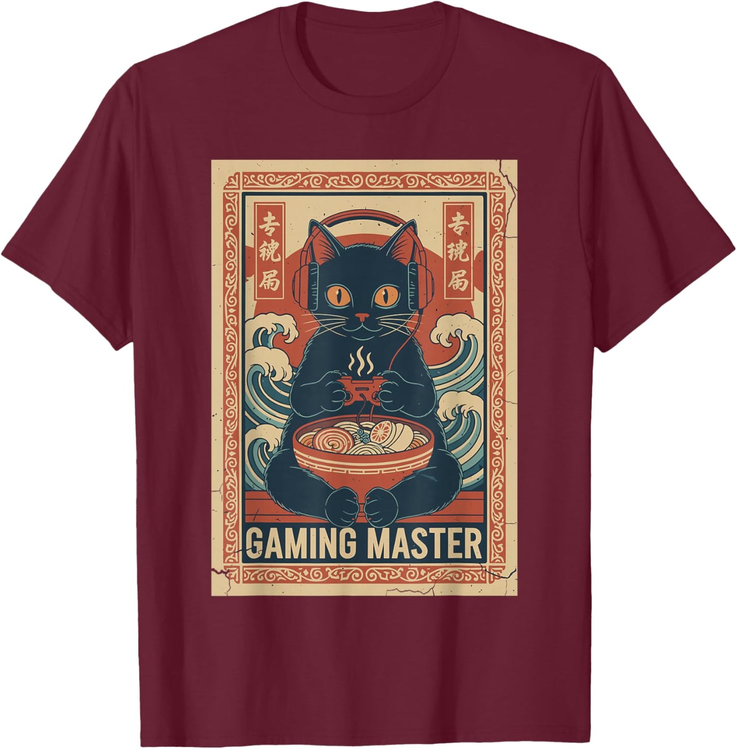 Cute Kawaii Gamer Cat Japanese Ramen Gaming Boys Kids T-Shirt - T-Shirt | Maroon