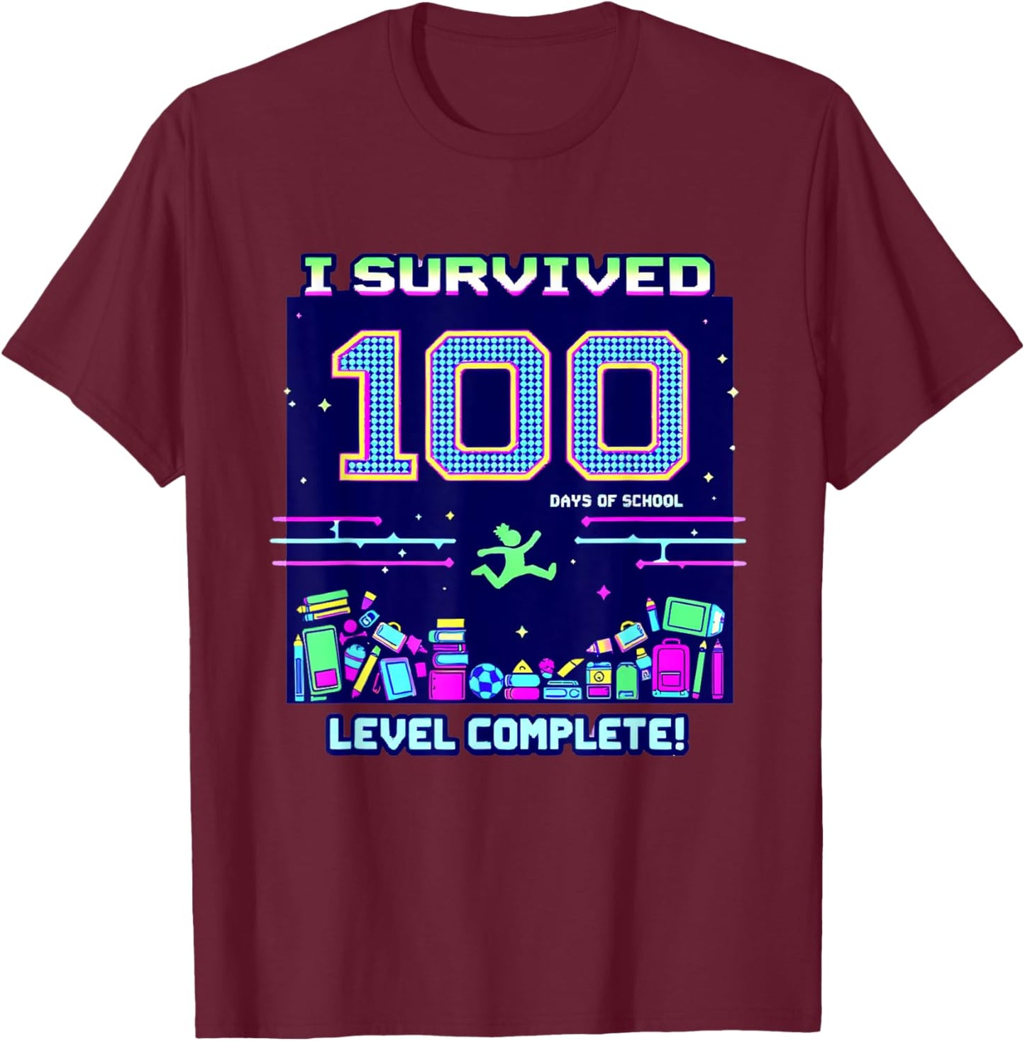 I Survived 100 Days of School Retro Gamer Celebration T-Shirt - T-Shirt | Maroon