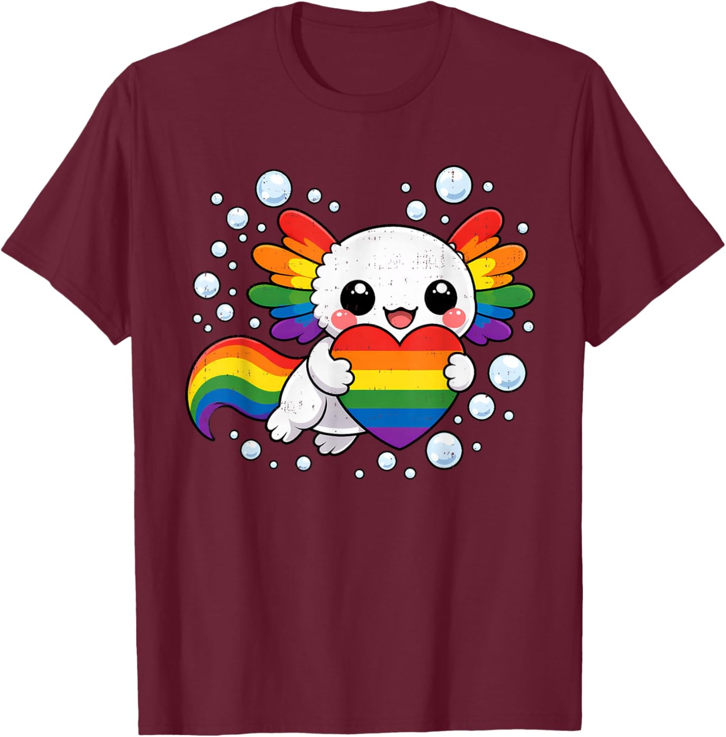 Cute Axolotl Rainbow Heart LGBT Gay Pride LGBTQ Women Girls T-Shirt - T-Shirt | Maroon