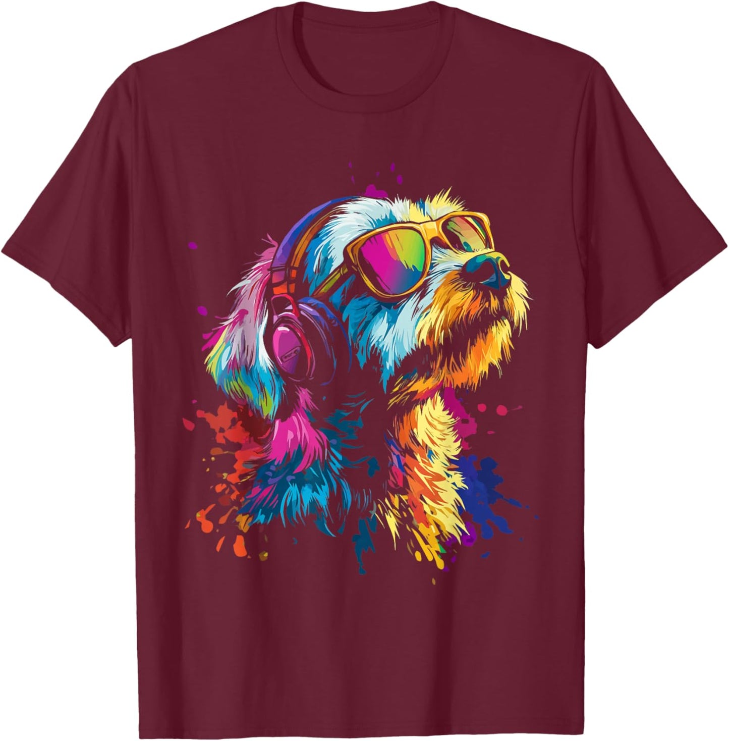 Colorful Splash Art Dog Headphones Music Canine T-Shirt - T-Shirt | Maroon