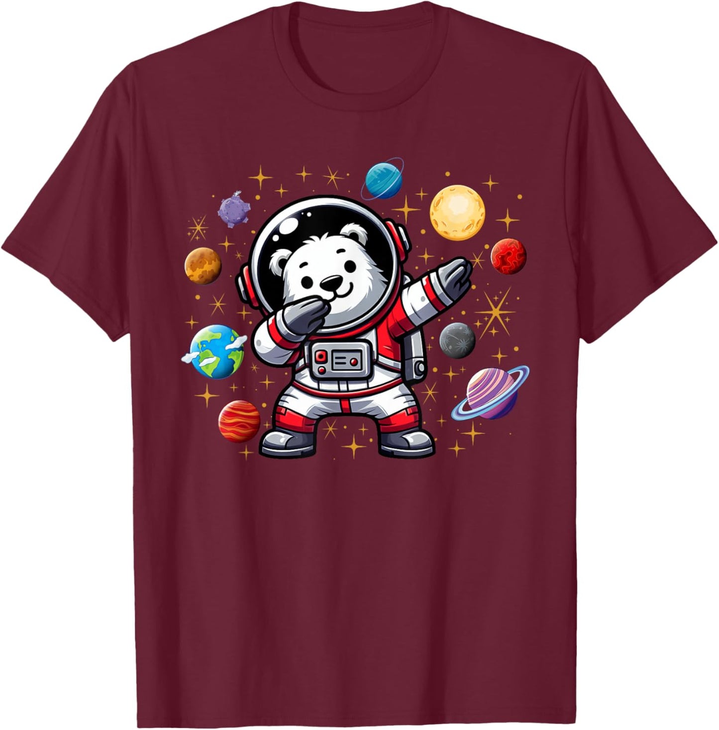 Polar Bear Astronaut Dabbin In Space Cosmic Galaxy Adventure T-Shirt - T-Shirt | Maroon