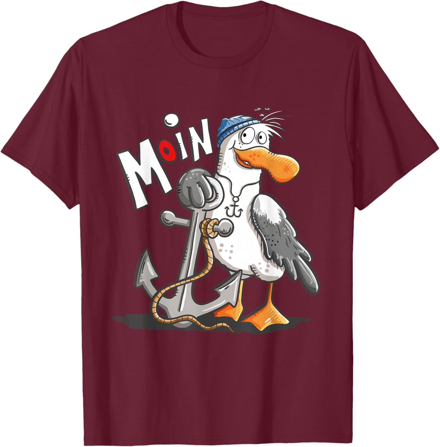 Moin Cartoon Möwe mit Anker Lustiges Maritimes Küsten Motiv T-Shirt - T-Shirt | Maroon