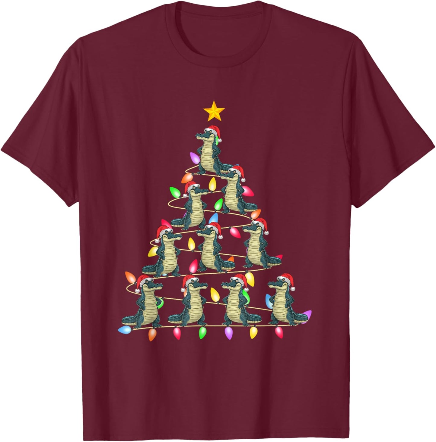 Christmas Tree Lights Men Women Santa Alligator Xmas PJs T-Shirt - T-Shirt | Maroon