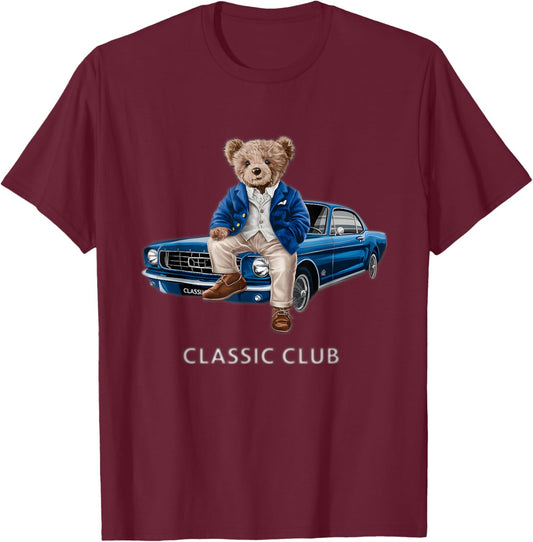Enjoy Cool Teddy Bear with Classic Car Graphic Designs Fun T-Shirt - T-Shirt | Maroon