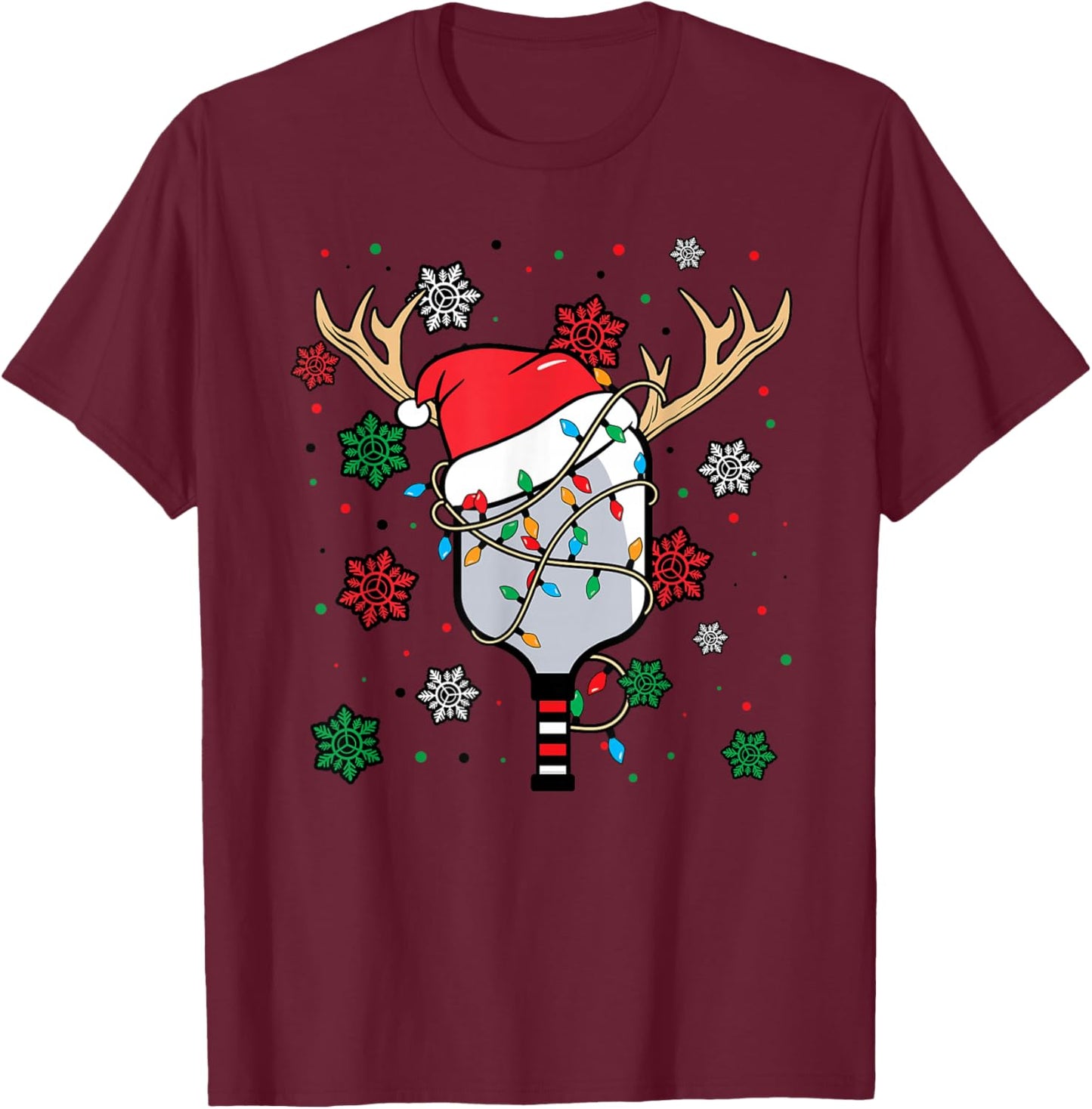 Christmas Pickleball Paddle Reindeer Santa Hat Xmas Costume T-Shirt - T-Shirt | Maroon