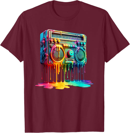 Dripping Paint Boombox Old School 80s Music Hip Hop T-Shirt - T-Shirt | Maroon