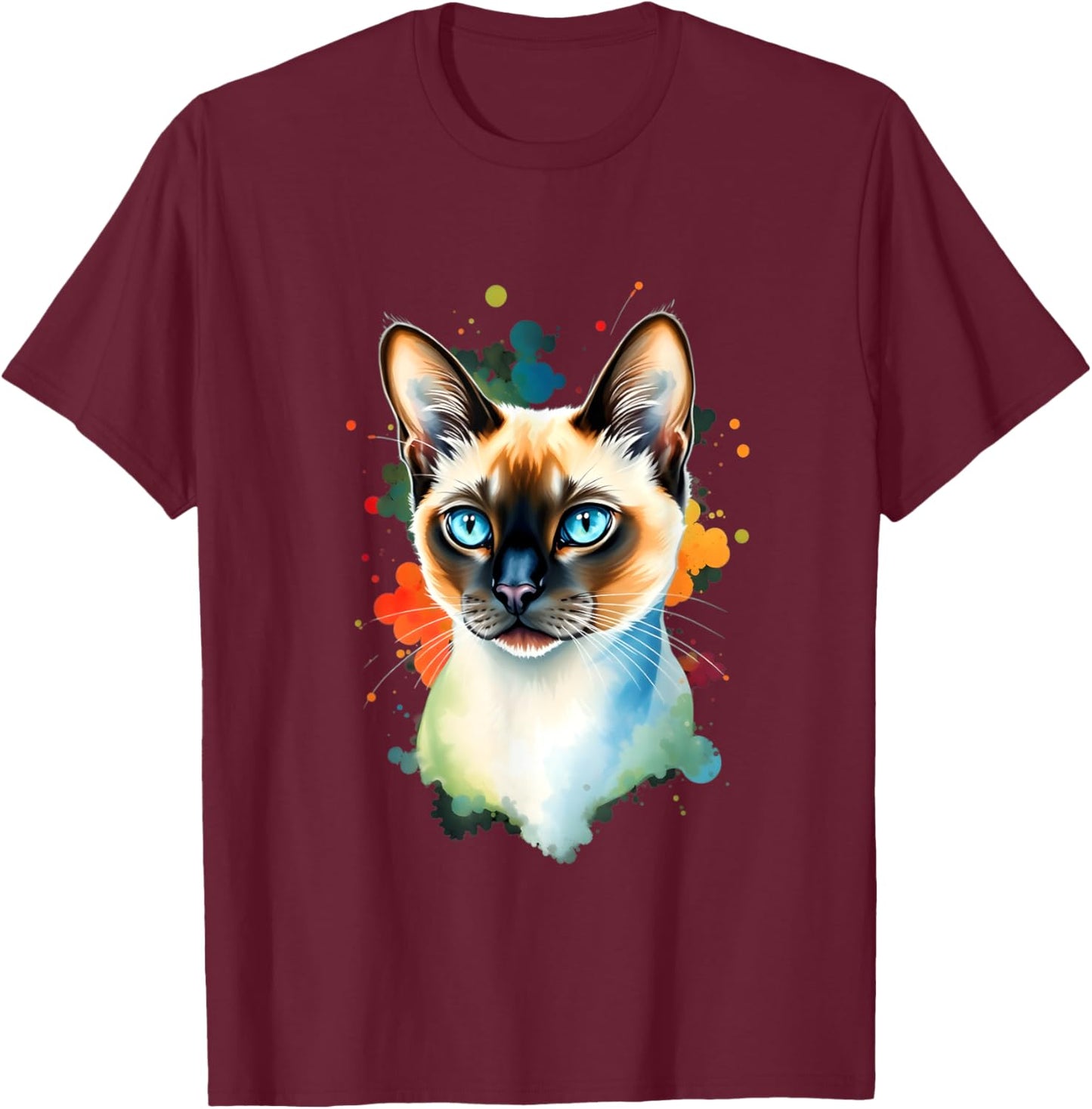 Pop Art Watercolor Siamese Cat Artistic Color Splash Design Men Women Kids T-Shirt - T-Shirt | Maroon