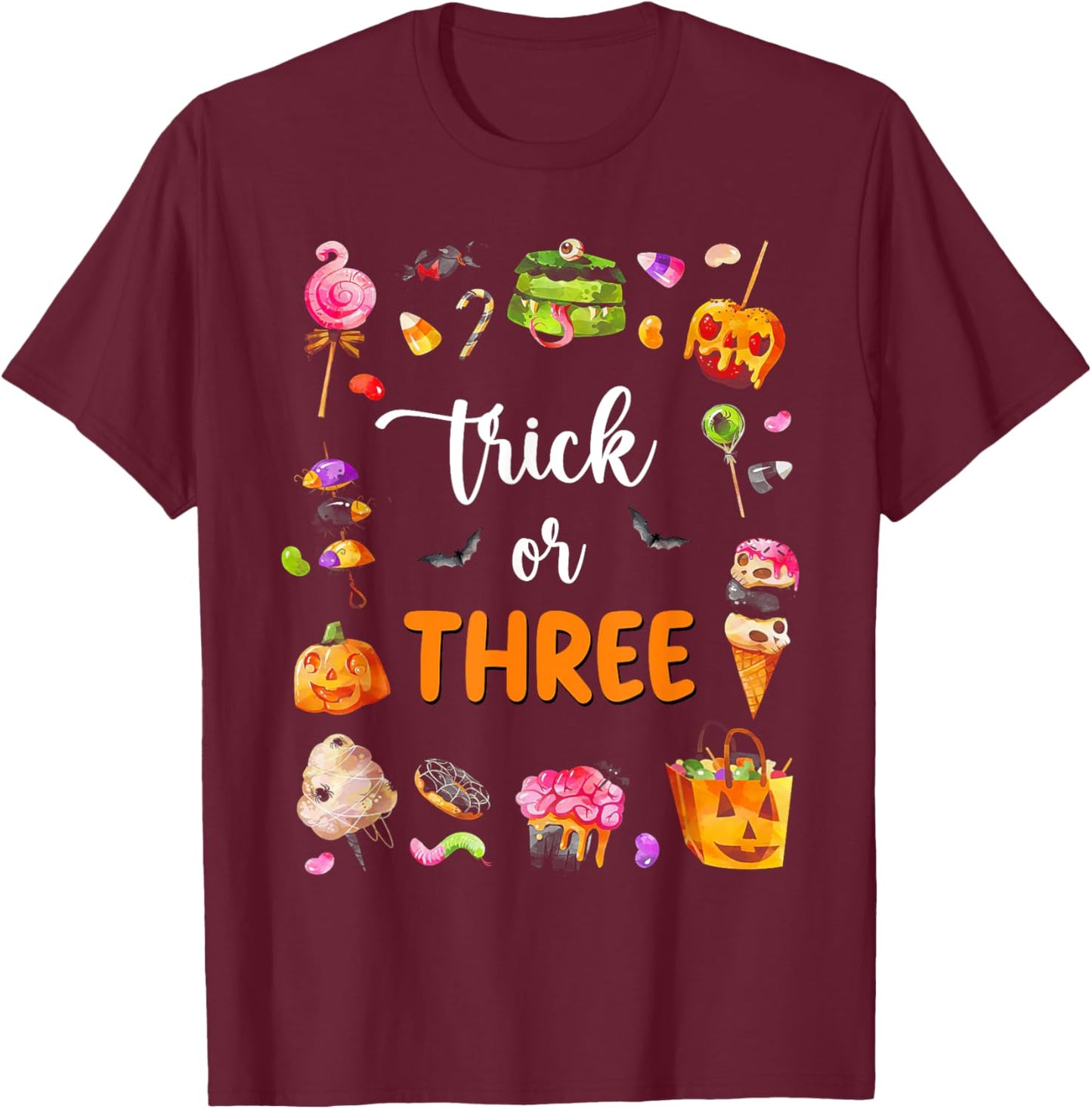 Trick Or Three Halloween Theme 3rd Birthday Boy 3 Yrs Old T-Shirt - T-Shirt | Maroon