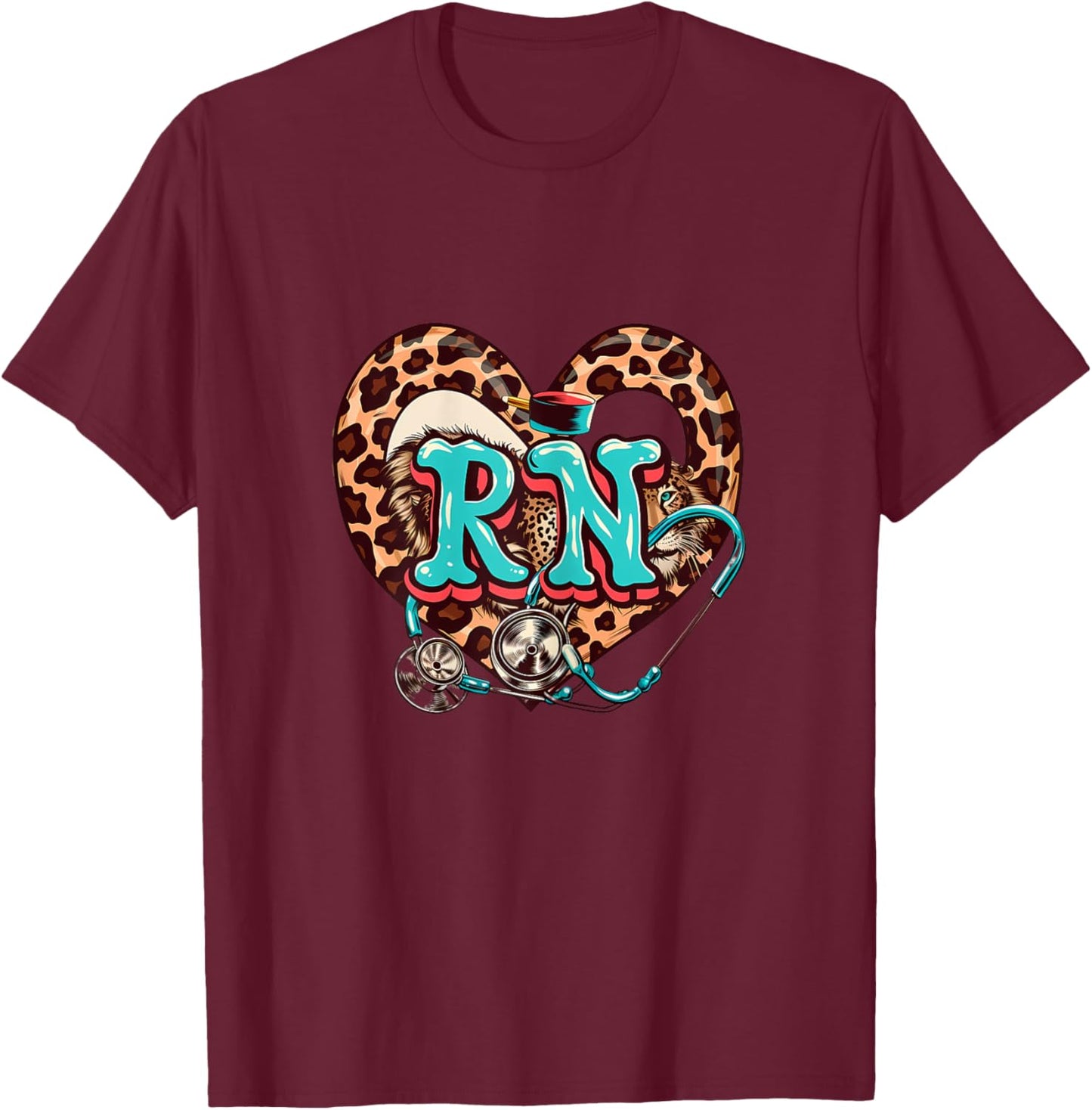 RN Registered Nurse Stethoscope Medical Heart Leopard T-Shirt - T-Shirt | Maroon