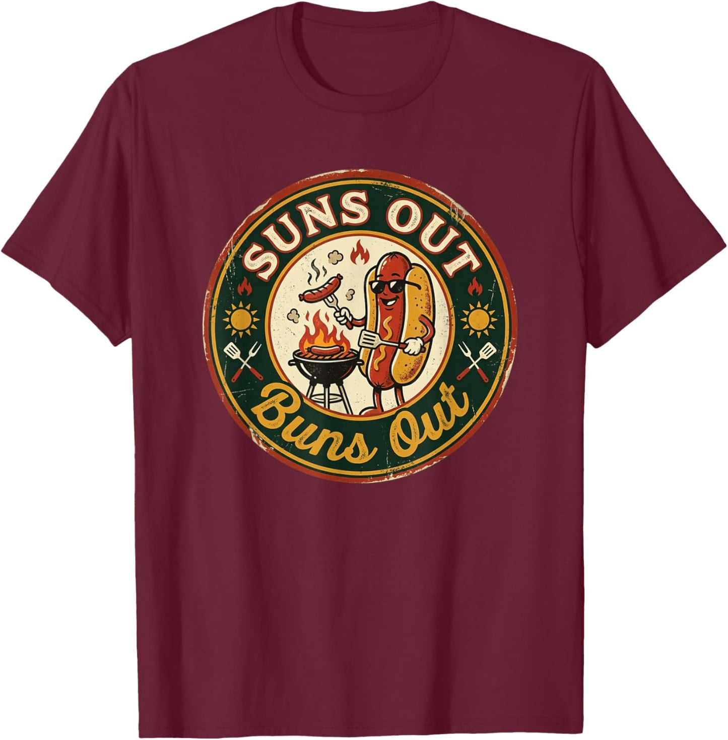 Suns Out Buns Out Funny Hotdog Barbecue grillade T-Shirt - T-Shirt | Maroon