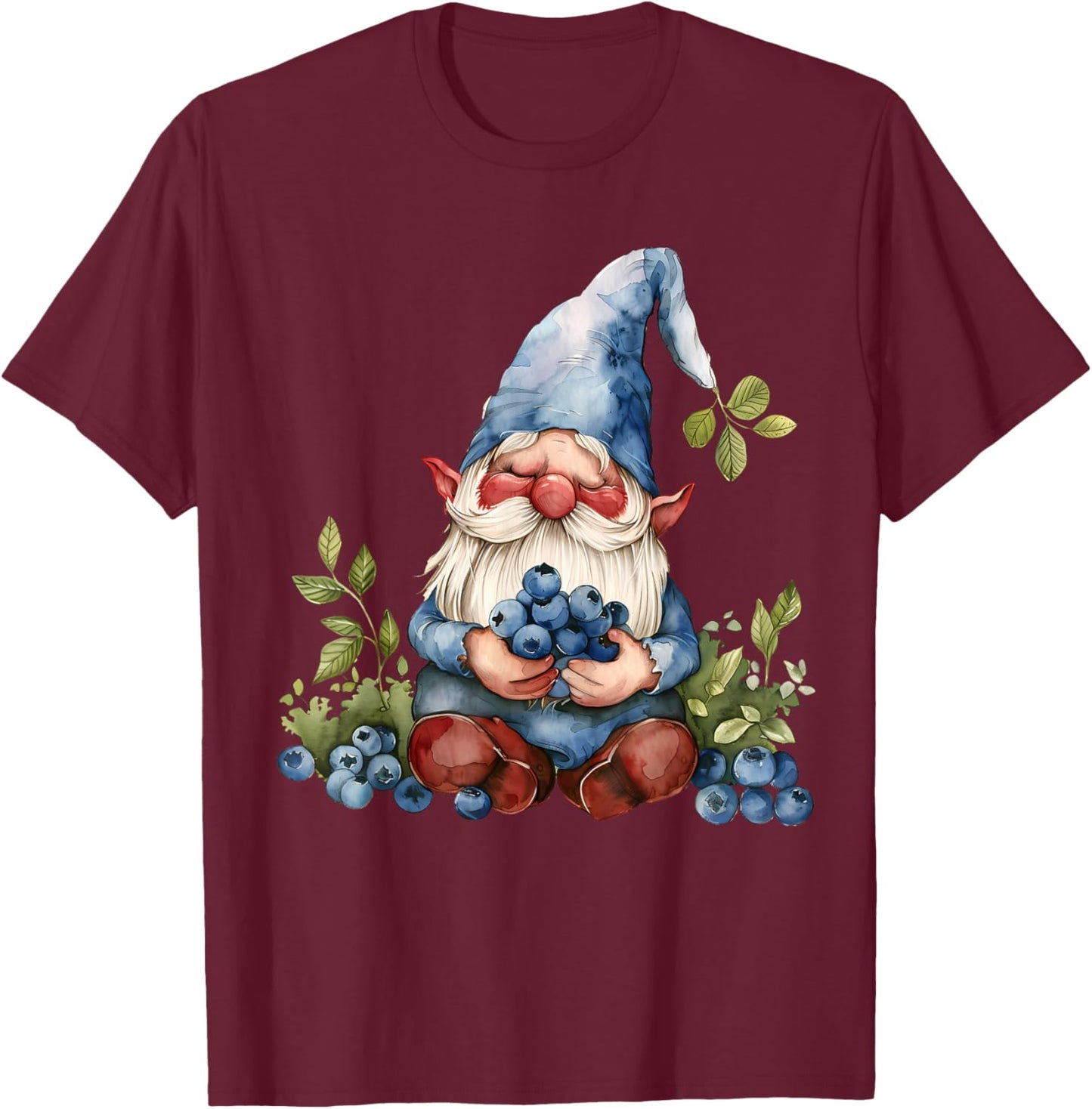 Blueberry Gnome Watercolor Artwork Nature Blueberries T-Shirt - T-Shirt | Maroon