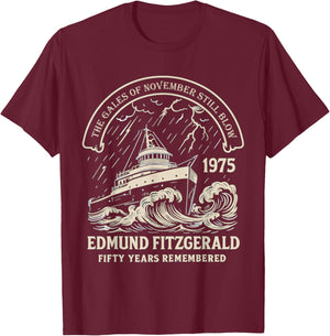 Edmund Fitzgerald 1975 Gales of November Memorial T-Shirt - T-Shirt | Maroon