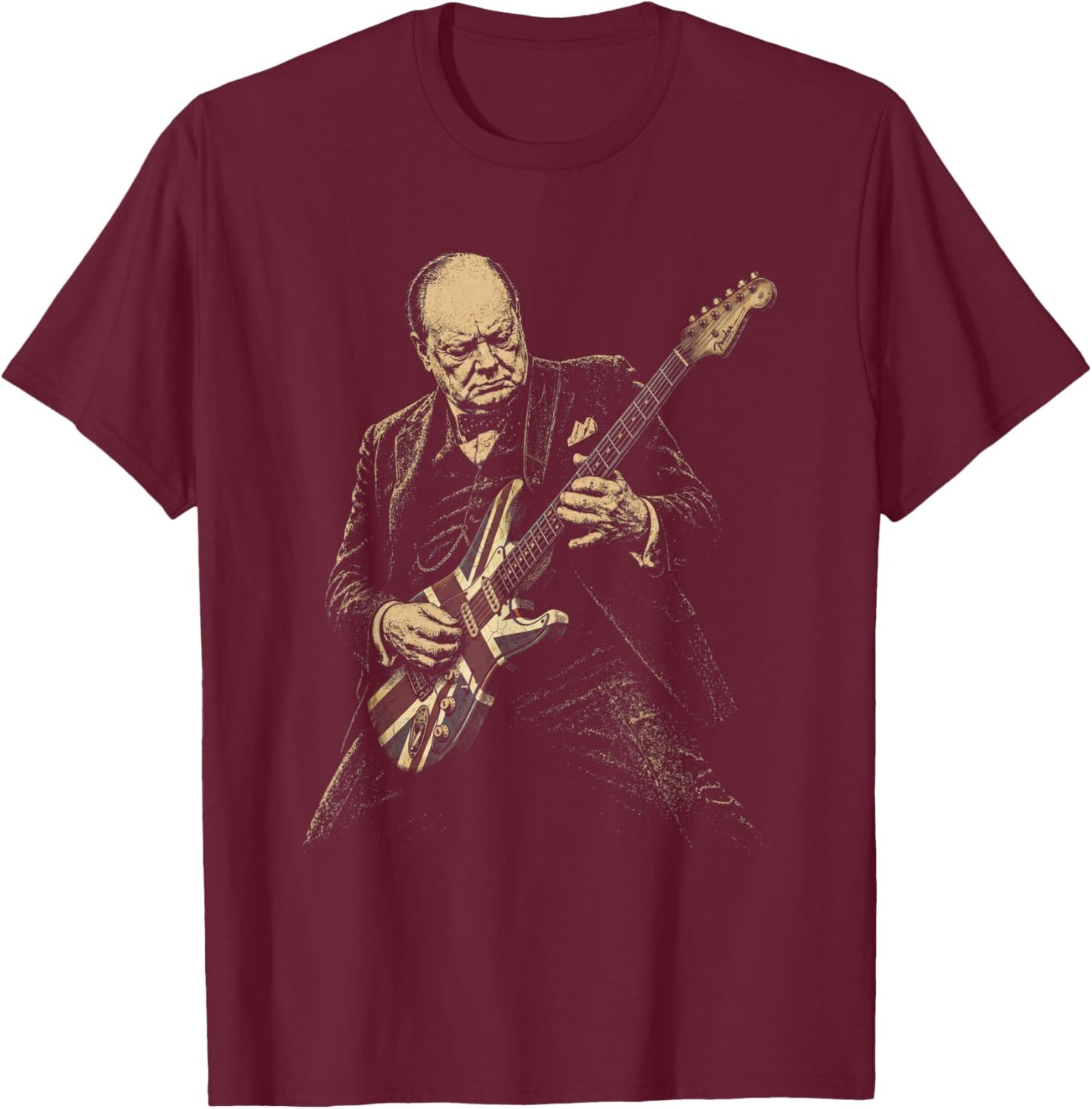 Winston Churchill Playing Guitar Rocker Humor Vintage T-Shirt - T-Shirt | Maroon