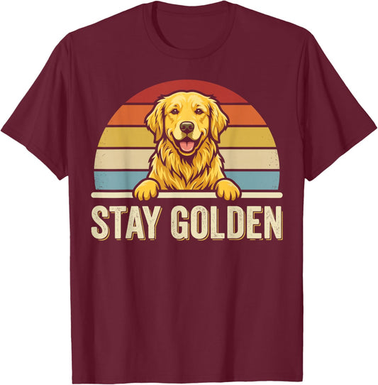 Stay Golden Golden Retriever Retro Sunset Design T-Shirt - T-Shirt | Maroon