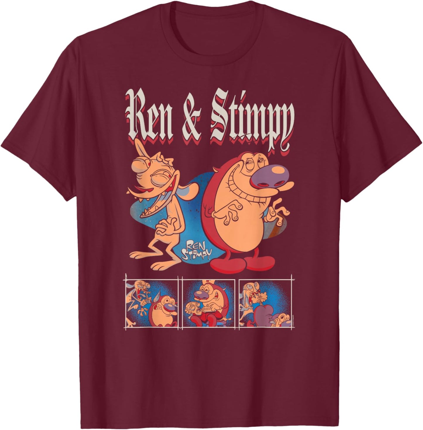 Ren and Stimpy Old English Retro Characters Funny Cartoon T-Shirt - T-Shirt | Maroon