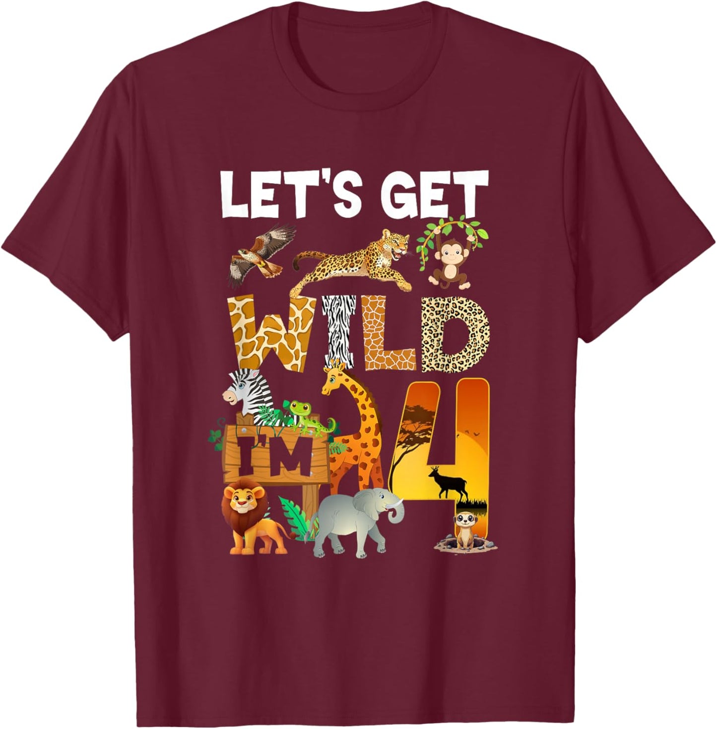 4 Year Old Zoo Birthday Safari Jungle Animal 4Th Bday T-Shirt - T-Shirt | Maroon