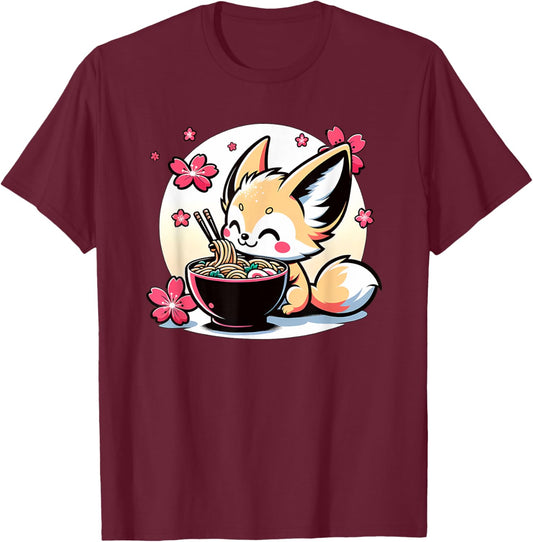 Kawaii Fennec Fox Eating Ramen T-Shirt - T-Shirt | Maroon