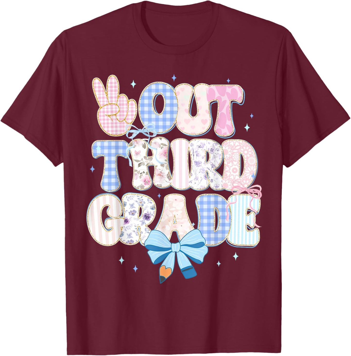Peace Out Third Grade Happy Last Day of School Coquette Bow T-Shirt - T-Shirt | Maroon