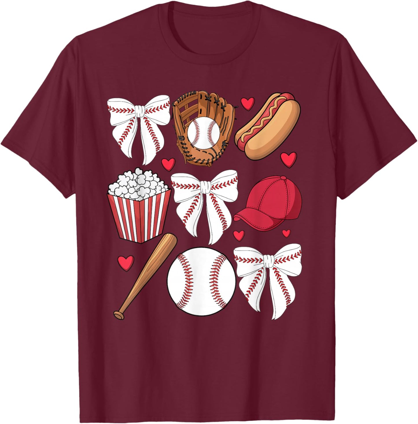 Baseball Coquette Bow Girls Baseball Mom Game Day T-Shirt - T-Shirt | Maroon