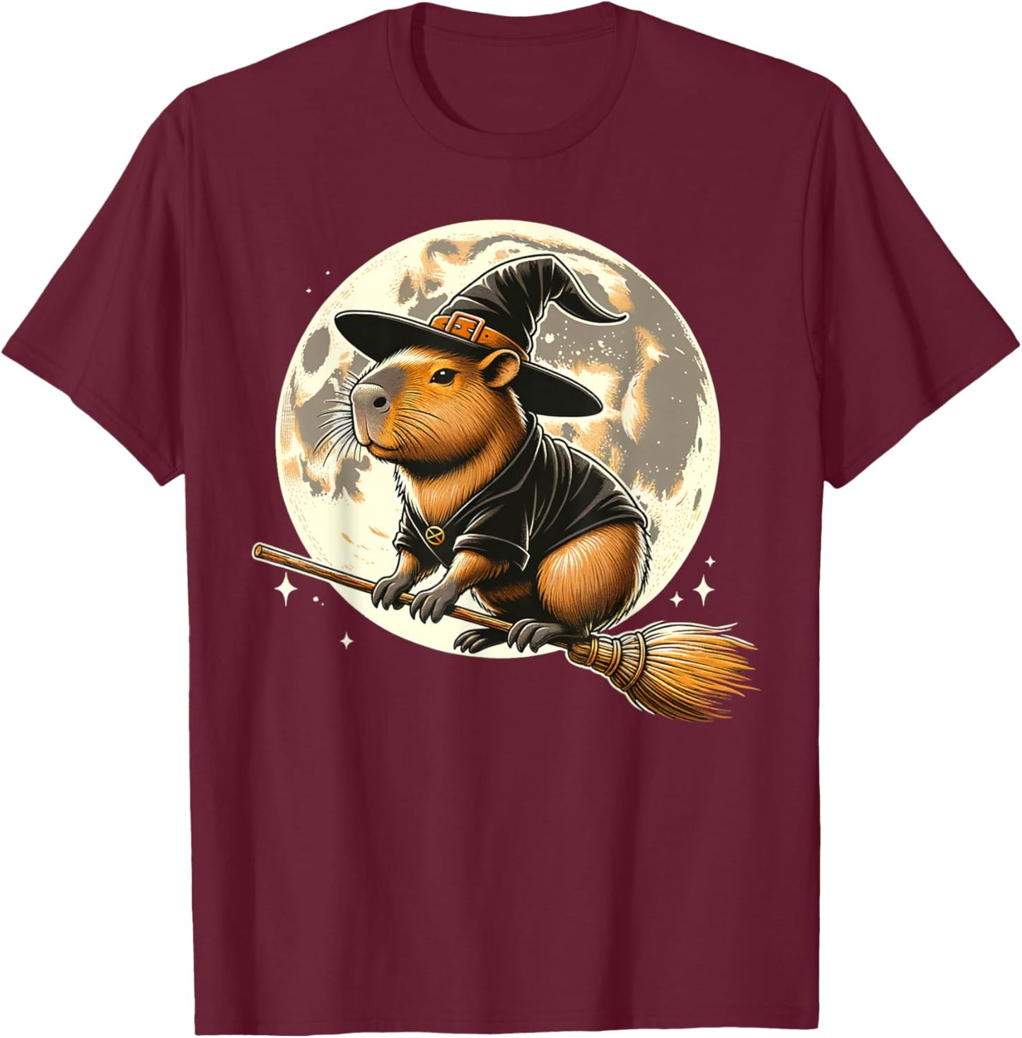 Funny Capybara Rides a Witch's Broom Halloween Spooky Vides T-Shirt - T-Shirt | Maroon