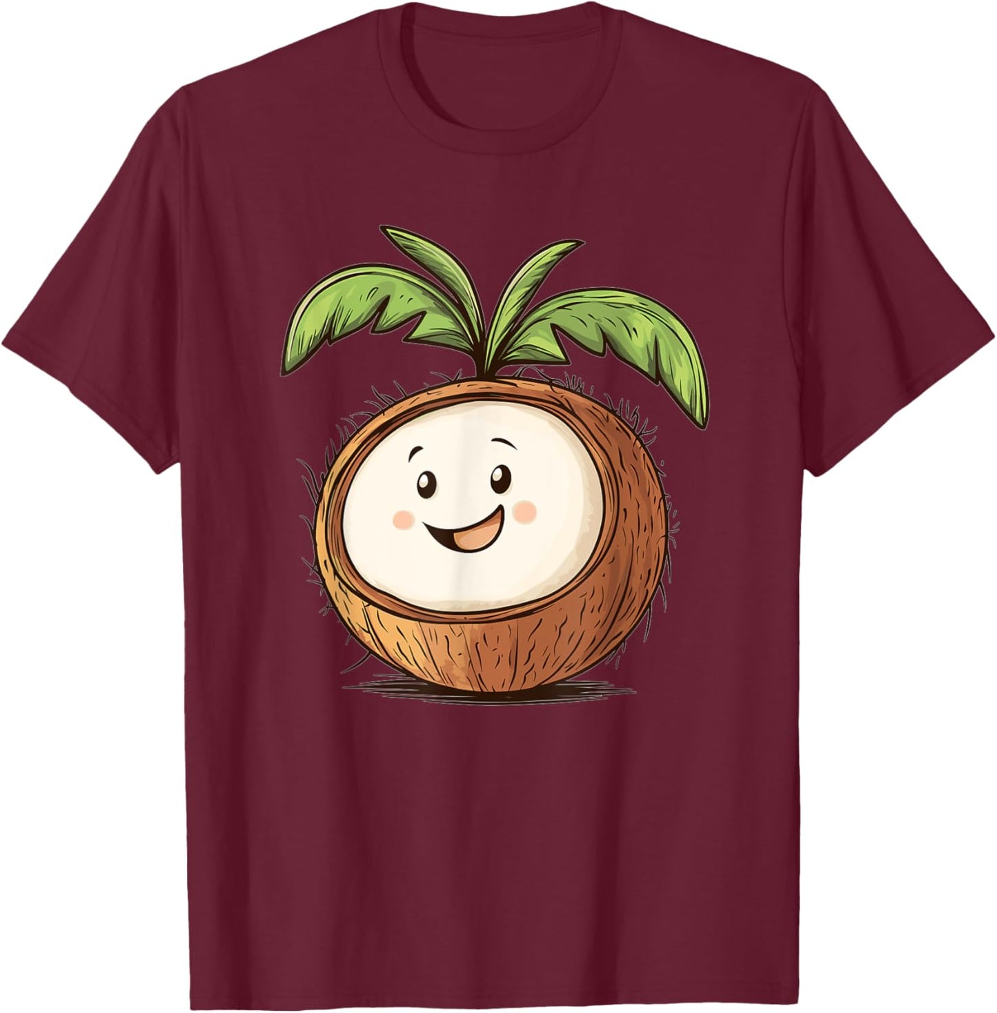 Cute Smiling Coconut I Cartoon Coconut T-Shirt - T-Shirt | Maroon