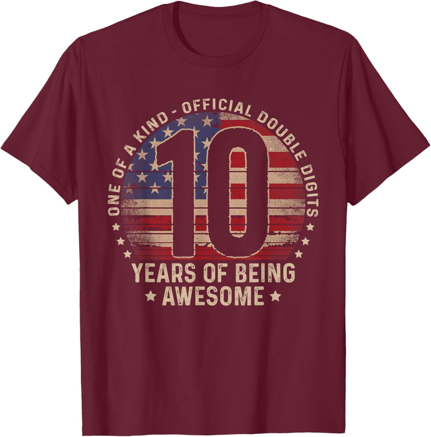10th Birthday Official Double Digits 10 Years Old US Flag T-Shirt - T-Shirt | Maroon