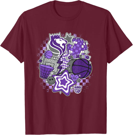 NBA Sacramento Kings Psychedelic Basketball Collage T-Shirt - T-Shirt | Maroon