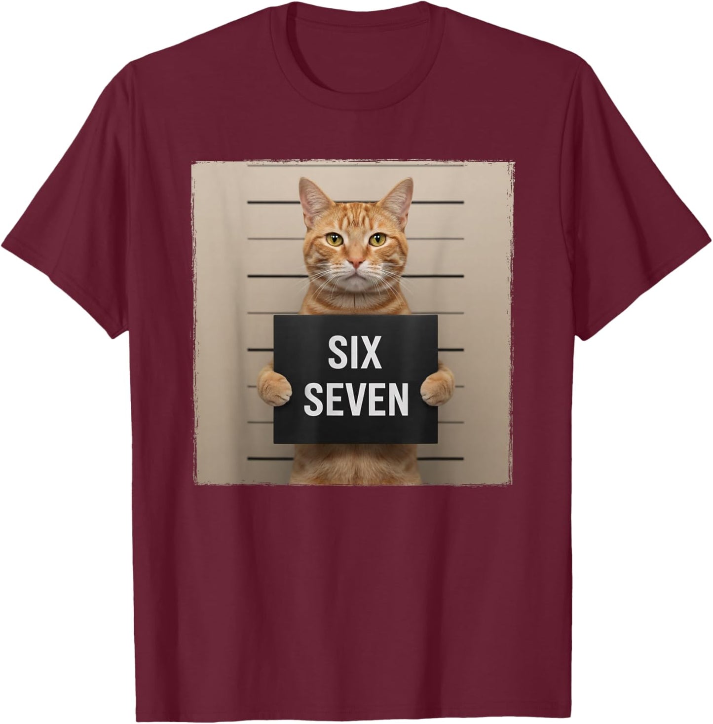 Funny Cat Mugshot Meme 67 Six Seven T-Shirt - T-Shirt | Maroon
