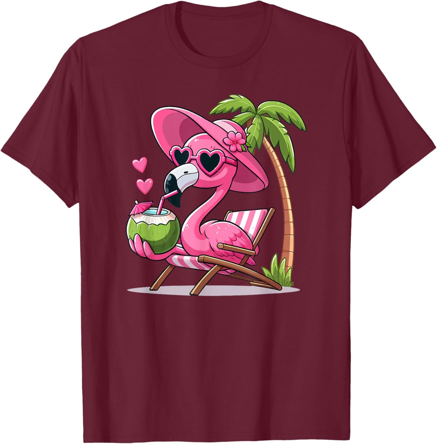 Pink Flamingo Summer Vibes Beach Palm Tree Summer Vacation T-Shirt - T-Shirt | Maroon