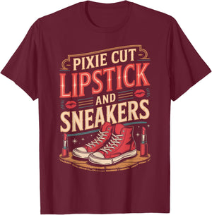 Pixie Cut Lipstick and Sneakers Short Hair Style T-Shirt - T-Shirt | Maroon
