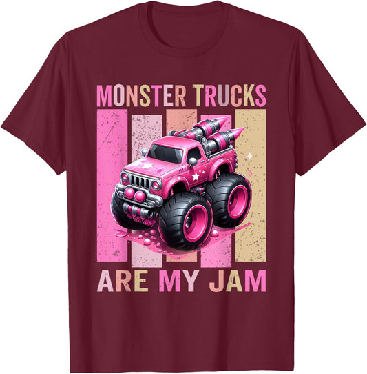 Pink Toddler Girl Monster Trucks Are My Jam Girls T-Shirt - T-Shirt | Maroon