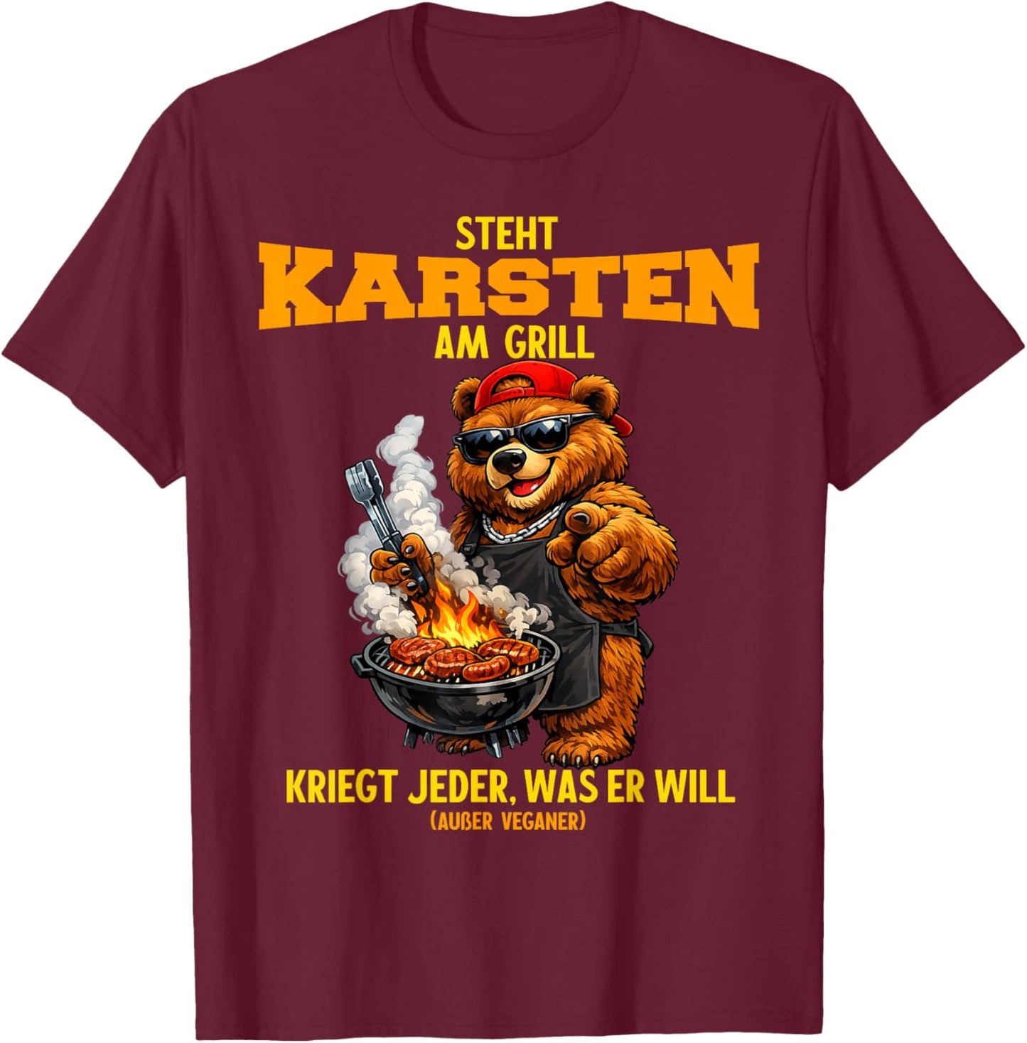 Steht Karsten am Grill - lustiger Spruch Bär Namen Grillen T-Shirt - T-Shirt | Maroon