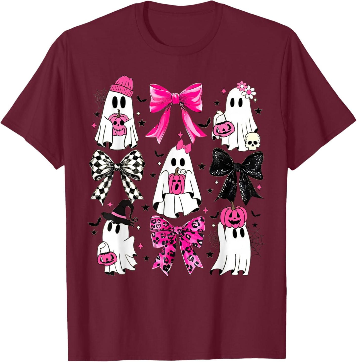 Cute Ghost Coquette Aesthetic Pink Bows Spooky Season Girl T-Shirt - T-Shirt | Maroon