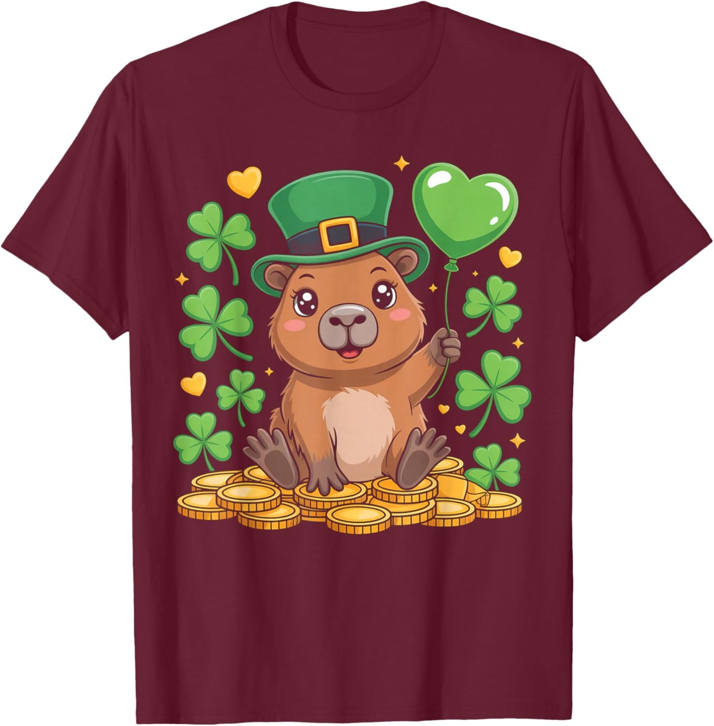 Lucky Capybara St Patricks Day Clover T-Shirt - T-Shirt | Maroon