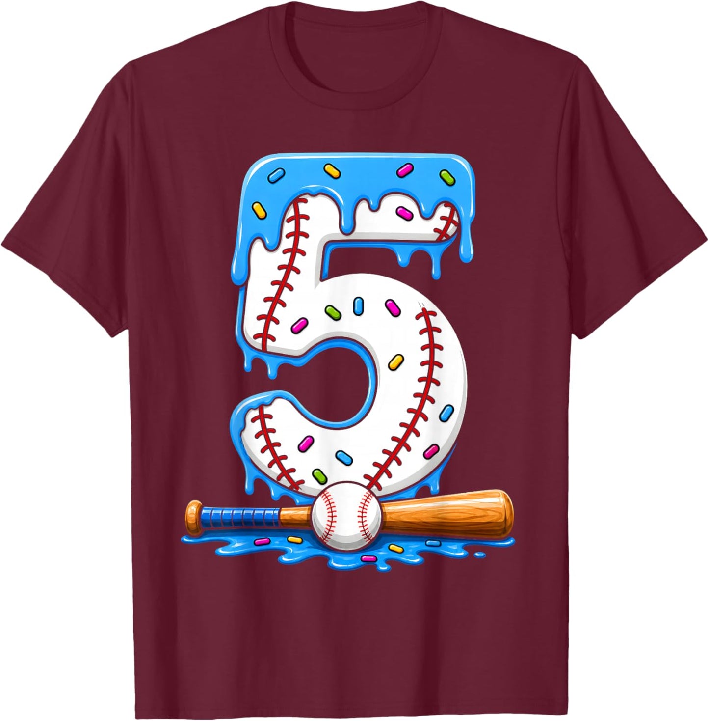 5th Birthday Boy Baseball Ice Cream Drip 5 Year Old Party T-Shirt - T-Shirt | Maroon