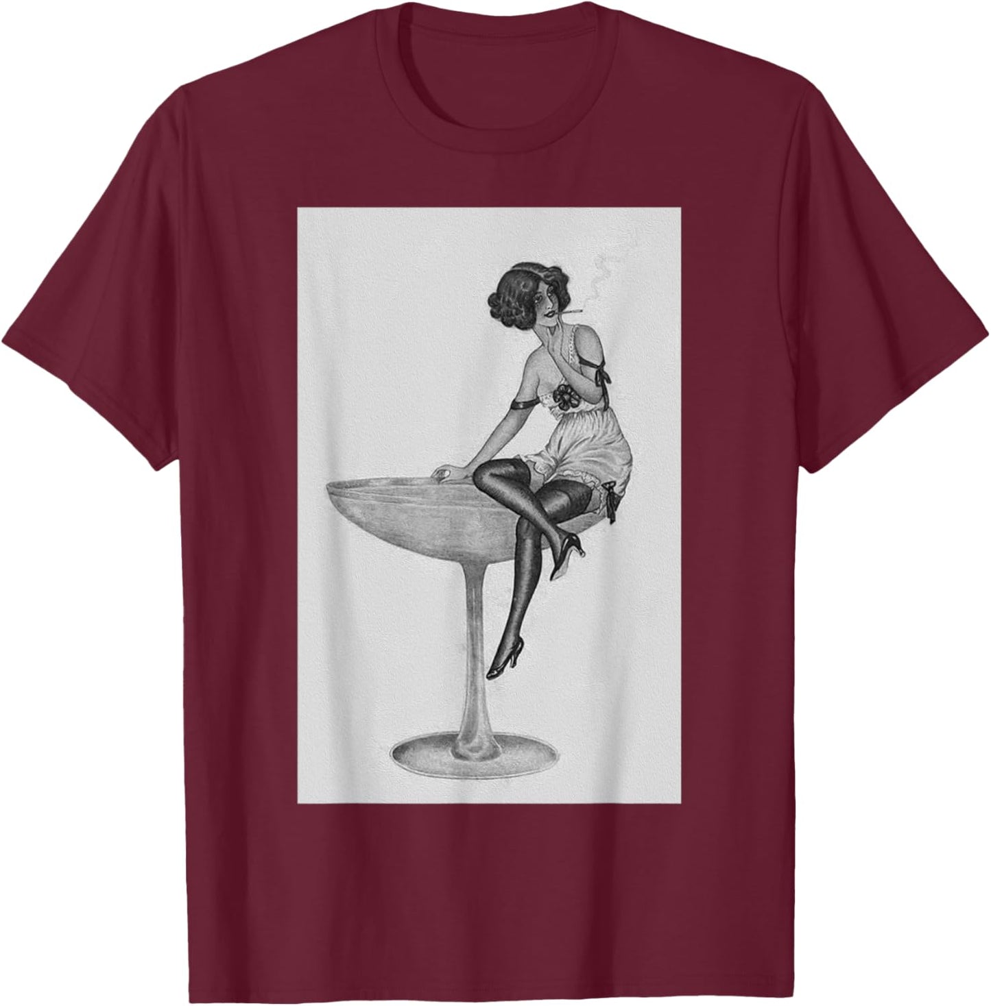 1920's Flapper Girl in Pink Dress - Retro Cocktail Aesthetic T-Shirt - T-Shirt | Maroon