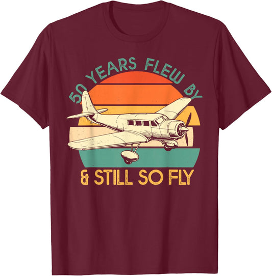 50th Birthday Biplane Turning 50 Airplane Pilot Funny Gift T-Shirt - T-Shirt | Maroon