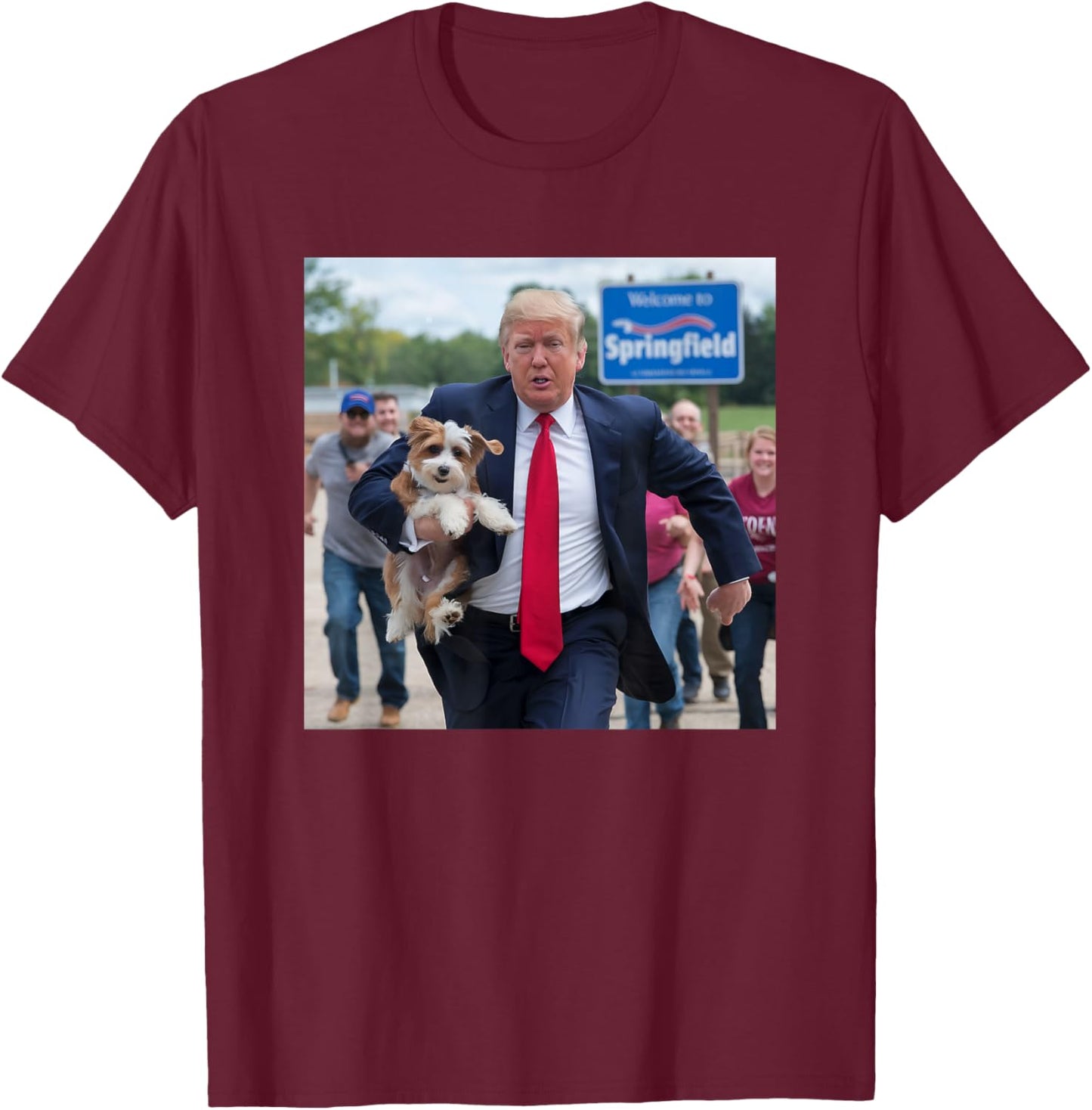Trump Saving A Dog Funny Political Humor Photo T-Shirt - T-Shirt | Maroon