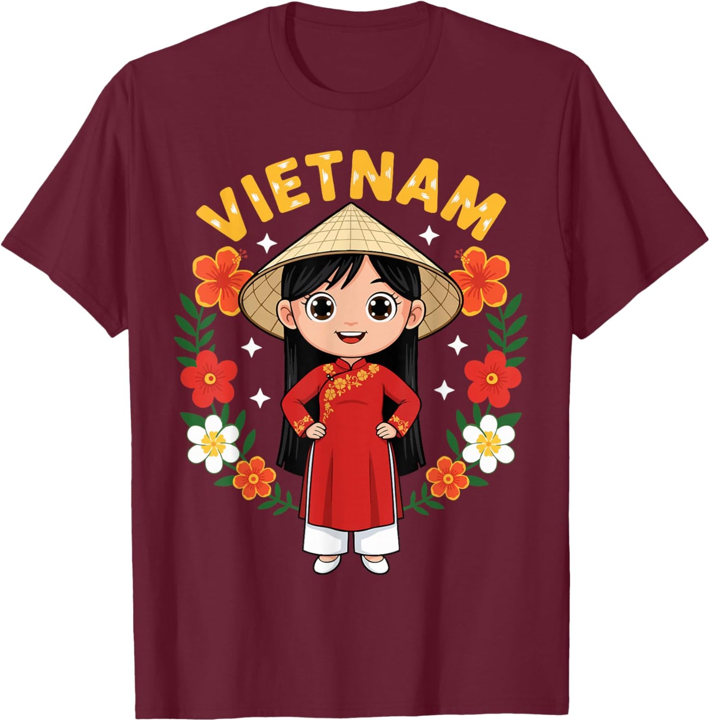 Vietnam Vietnamese Girl Traditional Dress Flowers T-Shirt - T-Shirt | Maroon