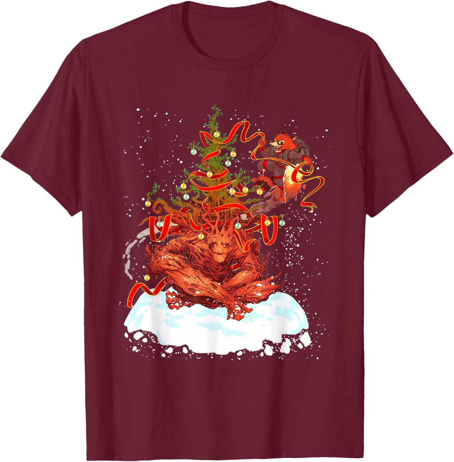 Marvel Rocket and Groot Holiday Christmas Tree Guardians T-Shirt - T-Shirt | Maroon